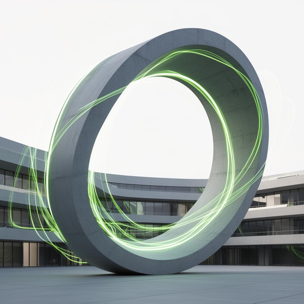 Monumental circular infrastructure structure with luminous pathways