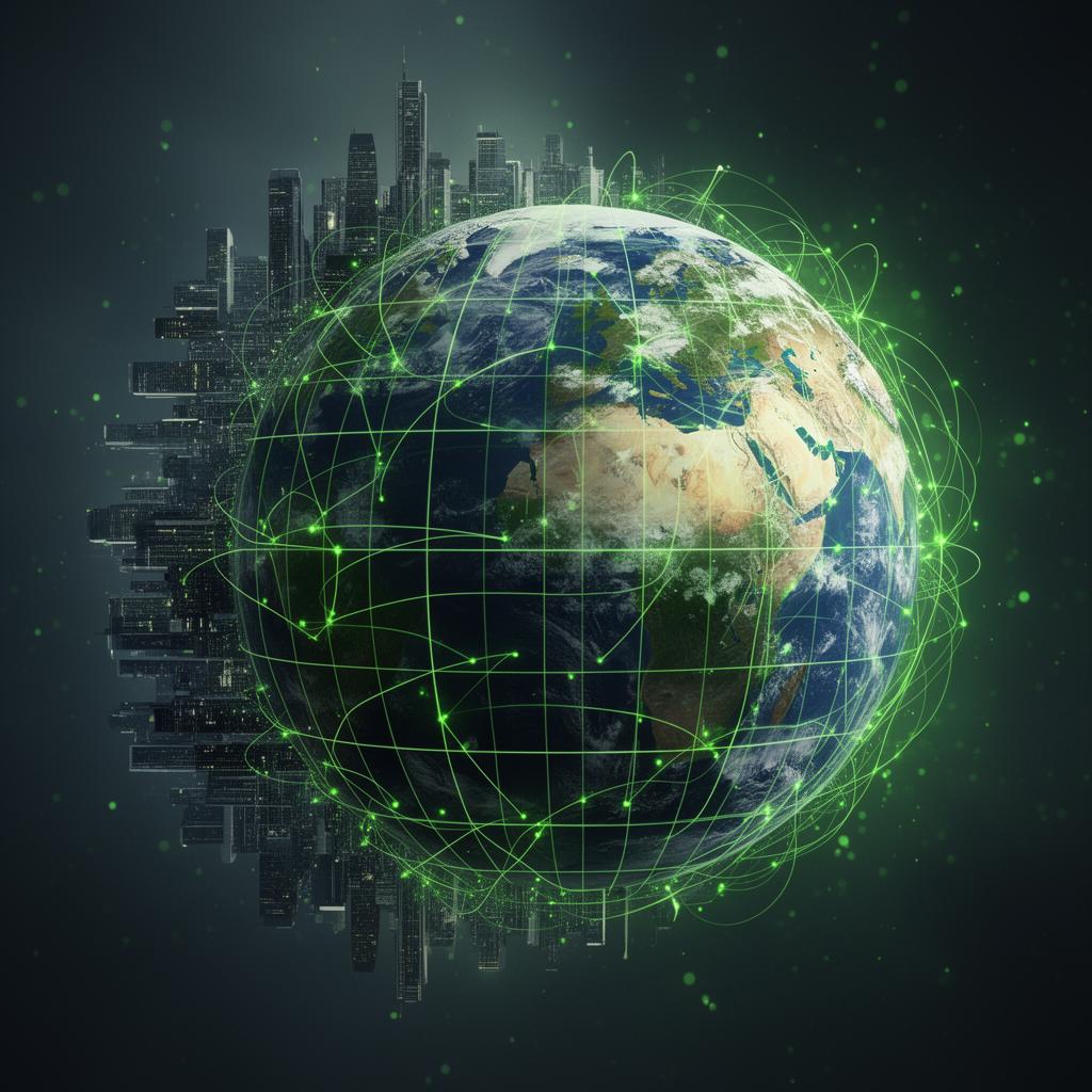 Global network and city skyline visualization